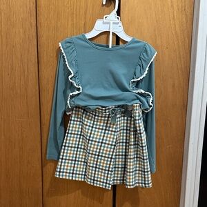 Teal Ruffle Top and Plaid Skirt Set